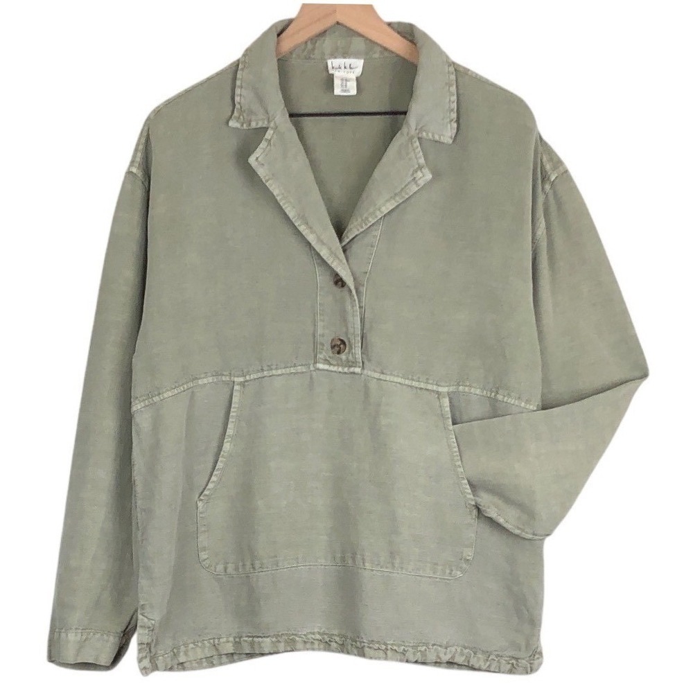 NICOLE MILLER New York Linen Blend Pullover Top Sz M Olive Green Pocket L/S